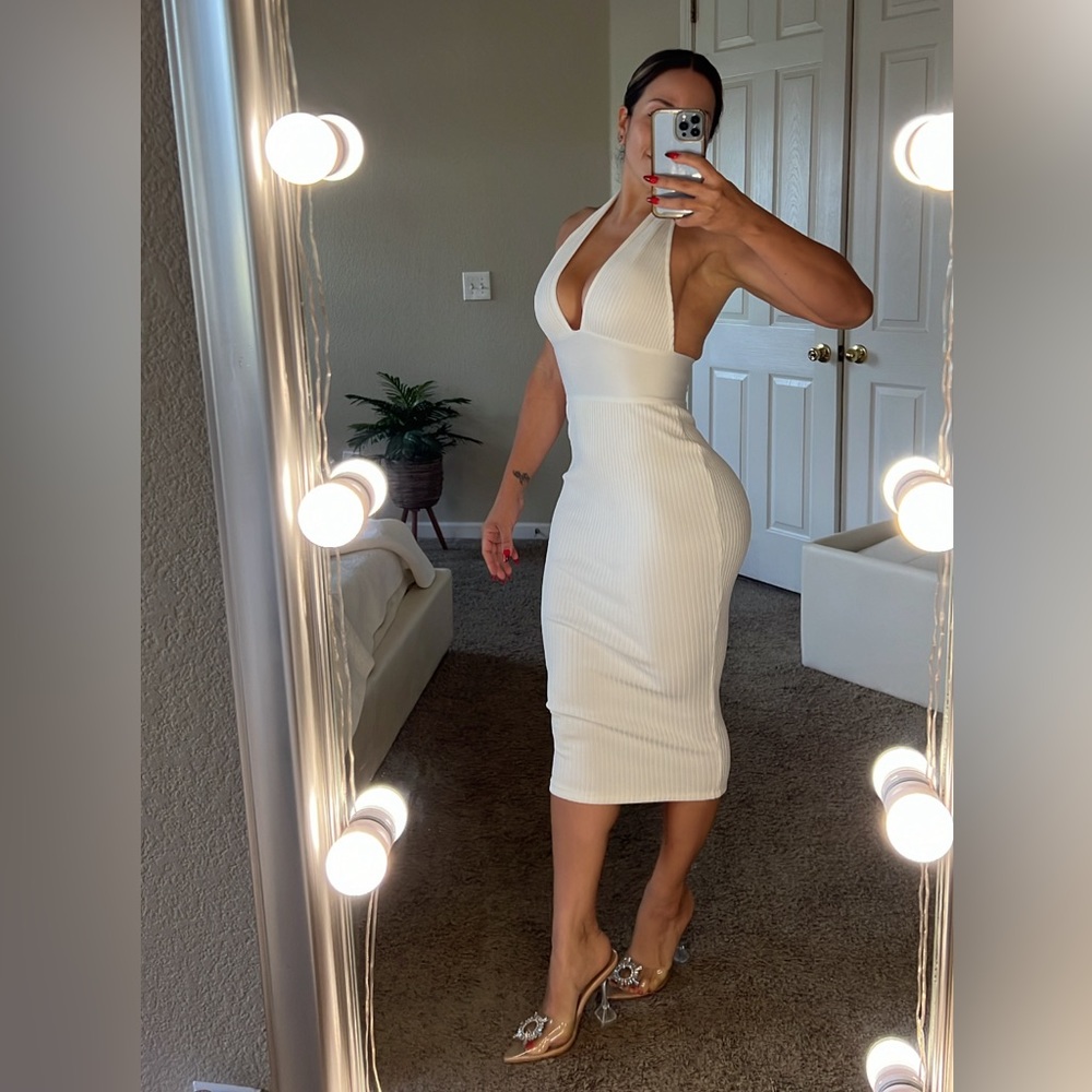 BANDAGE HALTER MIDI DRESS.